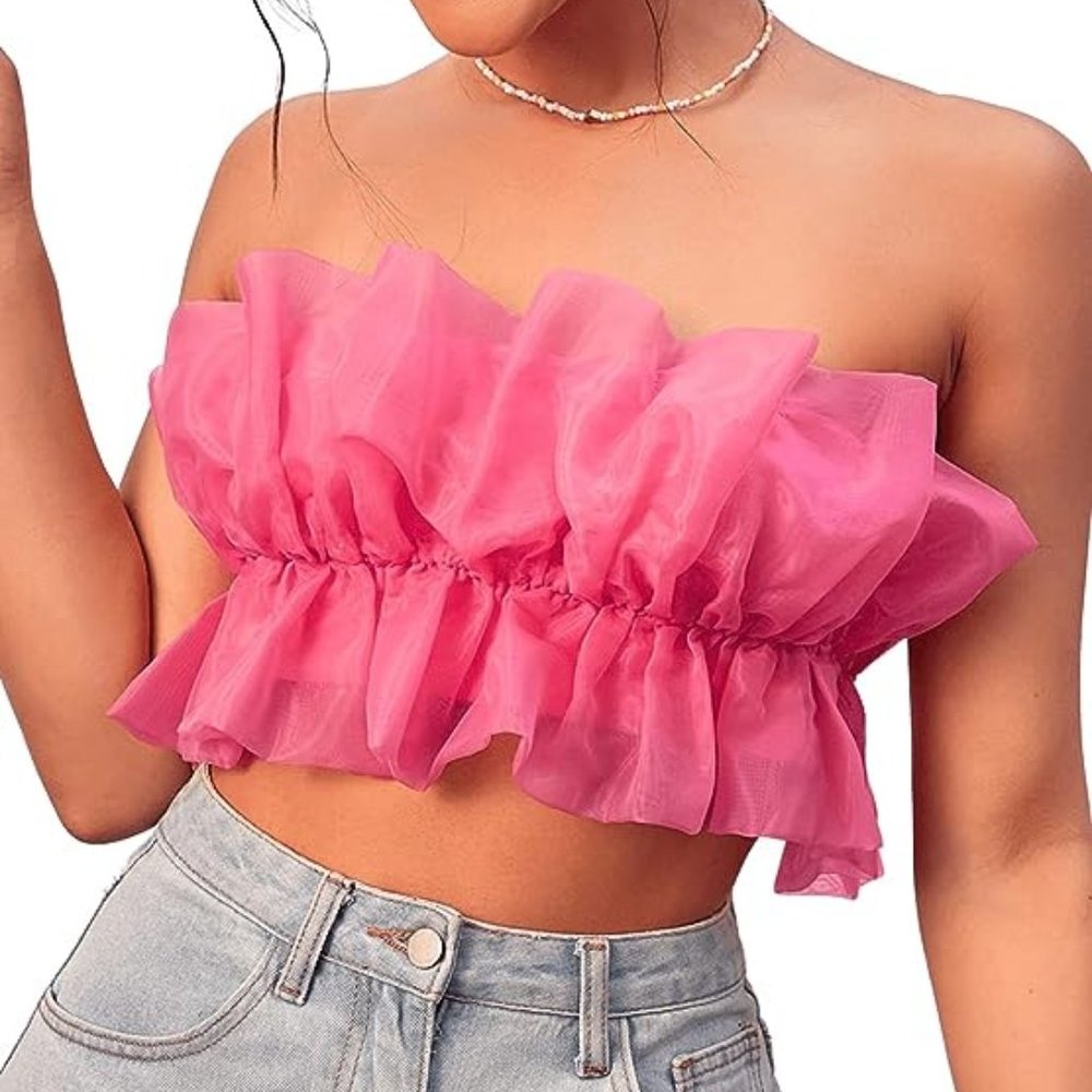 Verdusa Women's Layered Ruffle Trim Strapless Organza Tube Top Crop Blouse